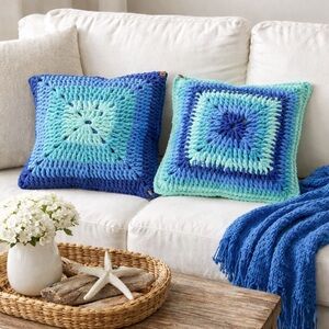 Handmade Granny Square Crochet Pillows Coastal Farmhouse Decor Set
